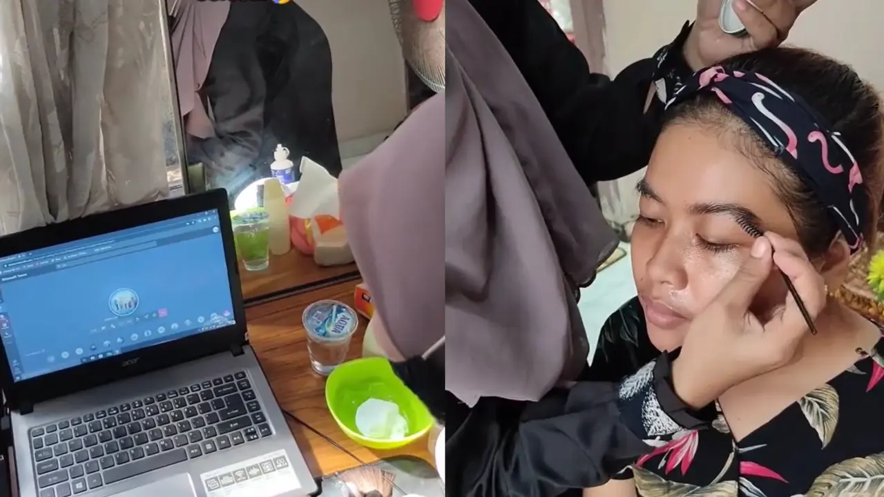 Seorang MUA merias sambil menjalani kelas online