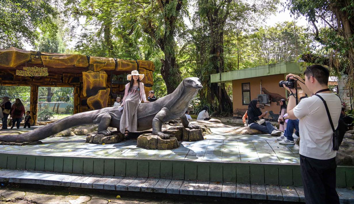 Seorang wanita berpose di atas patung komodo di Kebun Binatang Surabaya, Surabaya, Jawa Timur, pada Rabu 29 April 2026. (JUNI KRISWANTO/AFP)