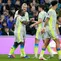 Selebrasi pemain Manchester City usai gol Jeremy Doku ke gawang Everton di Liga Inggris, 5 Mei 2026. (AP Photo/Dave Thompson)