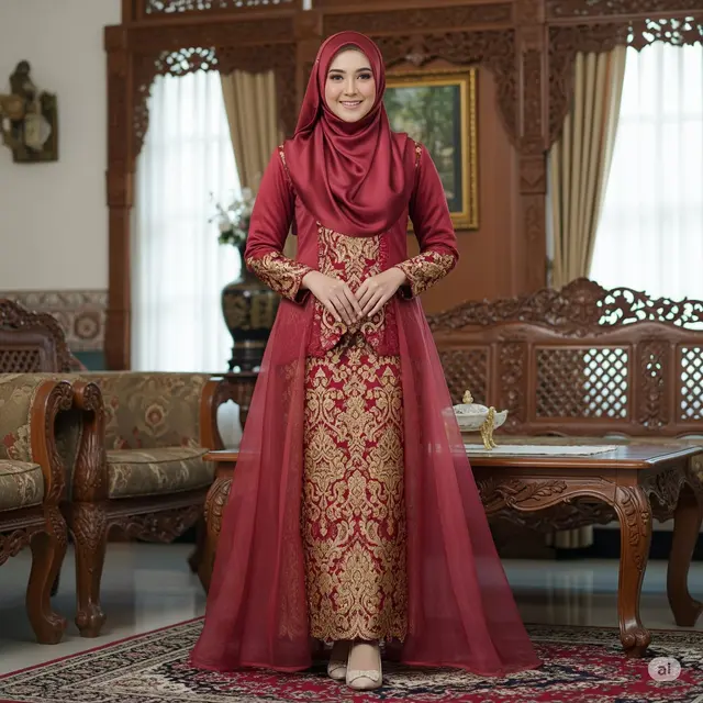 Brokat Timbul Motif Floral dengan Outer Organza Senada