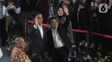 Pasangan Capres dan Cawapres nomor urut 1, Anies Baswedan-Muhaimin iskandar saat tiba dalam acara Paku Integritas penguatan antikorupsi untuk calon presiden dan wakil presiden 2024 di Gedung Merah Putih, Jakarta, Rabu (17/12204). (Liputan6.com/Angga Yuniar)