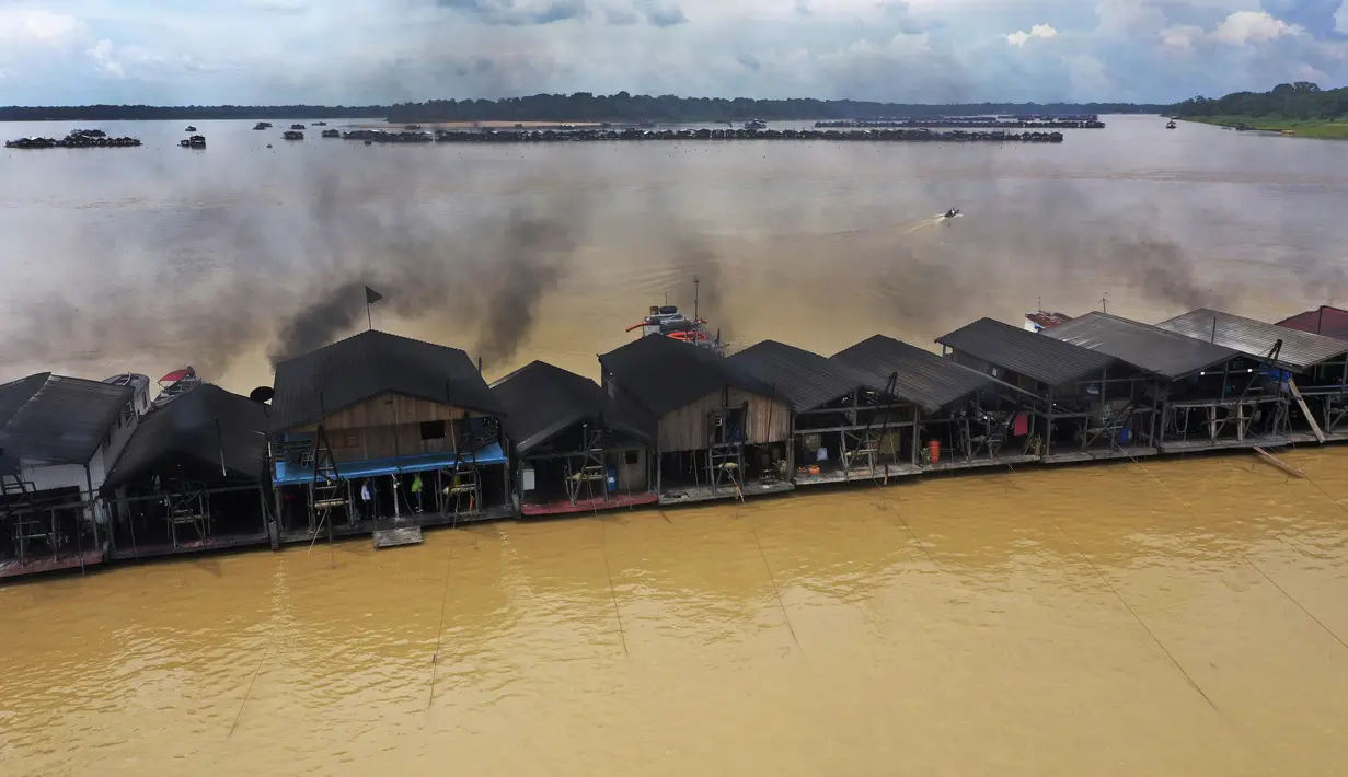 Tongkang pengerukan yang dioperasikan penambang ilegal berkumpul di anak Sungai Amazon, Sungai Madeira, di Autazes, Amazonas, Brasil, 25 November 2021. Para pencinta lingkungan membunyikan alarm tentang konvergensi perahu yang belum pernah terjadi sebelumnya. (AP Photo/Edmar Barros)