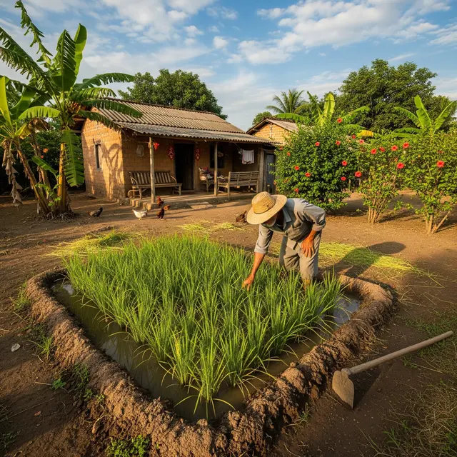 Petani Padi dengan Lahan Sempit di Pekarangan Rumah (Gemini AI)