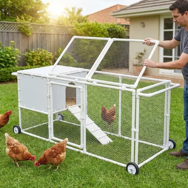 Ilustrasi Kandang Ayam Rangka Pipa PVC Ringan dan Portable/Gemini AI