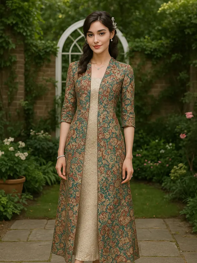 Model Long Dress Brokat Slim Fit dengan Outer Belah Tengah