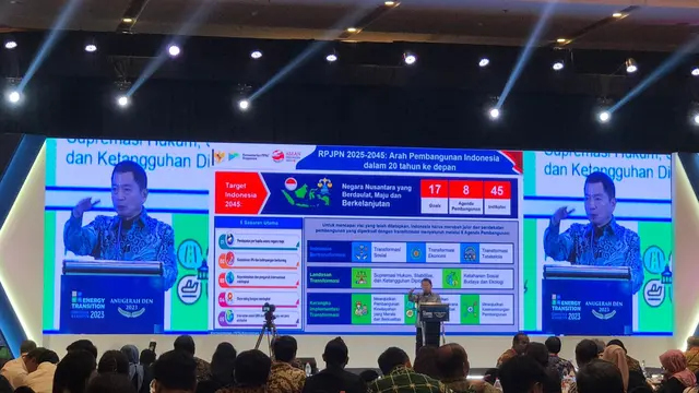 Menteri PPN/Kepala Bappenas, Suharso Monoarfa di acara Energy Transitions Conference & Exhibitions, di Hotel Bidakara, Jakarta, Rabu (18/10/2023). (Tira/Liputan6.com)