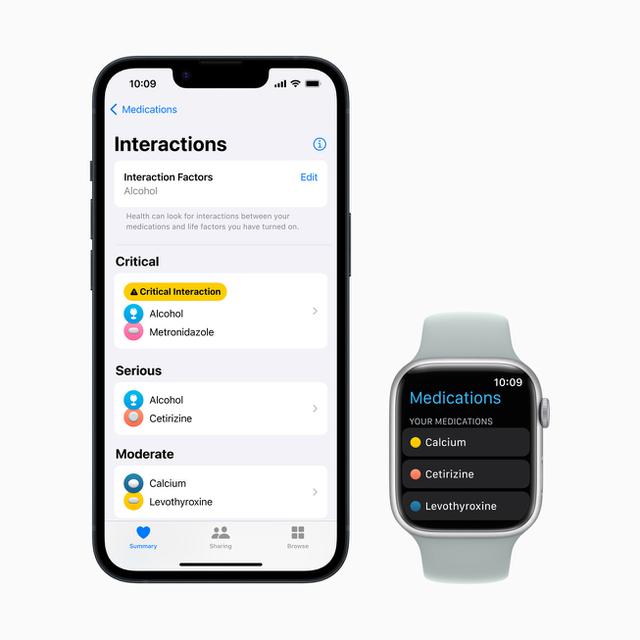 The new Medications experience on Apple Watch and iPhone helps users manage and track their medications, vitamins, and supplements, plus provides an alert if there are potential critical interactions with medications they have added to the Health app