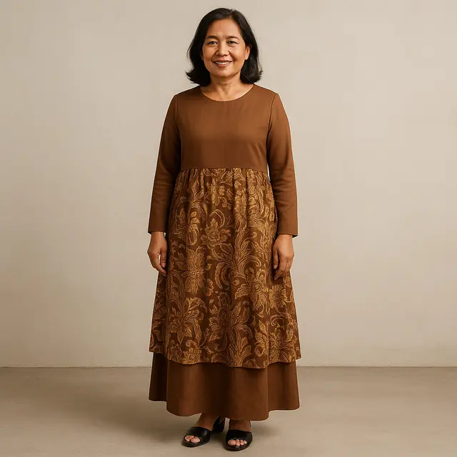 Model Dress Batik Kombinasi Polos Lengan Panjang untuk Ibu-ibu 50 Tahun/Ilustrasi gambar oleh AI