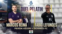 Cover duel pelatih Persik Kediri versus Borneo FC di BRI Super League musim ini. (Bola.com/Gemini)