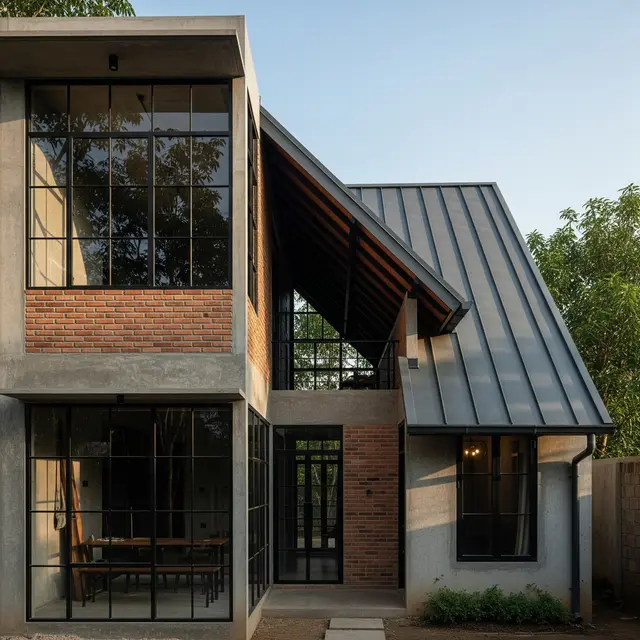 Desain Rumah Sempit Atap Miring ke Belakang