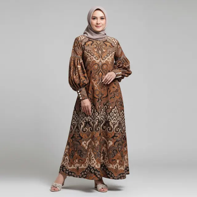 Baju Gamis Bahan Lurik dengan Desain Elegan yang Cocok untuk Hadiah Ulang Tahun Ibu Model Lengan Balon Manset