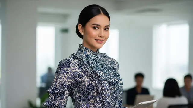 Blouse Batik Sutra Kerah Tinggi dengan Ruffle