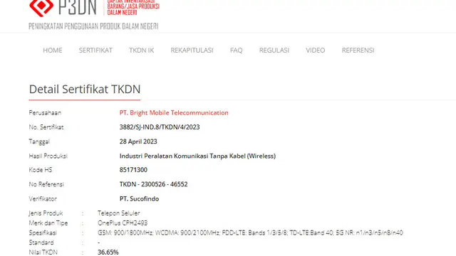 OnePlus CPH2493 sudah mendapatkan sertifikasi TKDN (Situs TKDN Kemenperin)