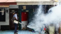 Petugas melakukan pengasapan atau fogging untuk membasmi nyamuk demam berdarah dengue (DBD) di kawasan Kebayoran Lama, Jakarta Selatan, Kamis (14/11/2019). Fogging dilakukan untuk mengantisipasi perkembangbiakan nyamuk DBD. (Liputan6.com/JohanTallo)