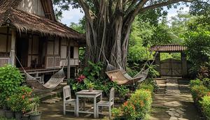 Rumah Desa dengan Pohon Besar di Tengah Halaman (Gemini AI)