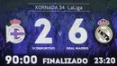 Papan skor saat Real Madrid melawan Deportivo pada laga La Liga di Stadion Riazor, La Coruna, Rabu (26/4/2017). Deprtivo kalah 2-6 dari Madrid. (AFP/Miguel Riopa)