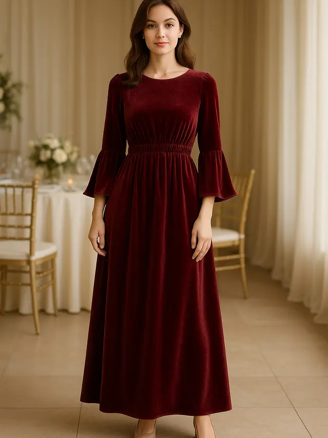 Long Dress Lengan Flare Bahan Velvet