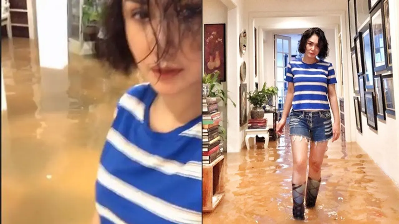7 Gaya Yuni Shara saat Kebanjiran, Outfitnya Curi Perhatian