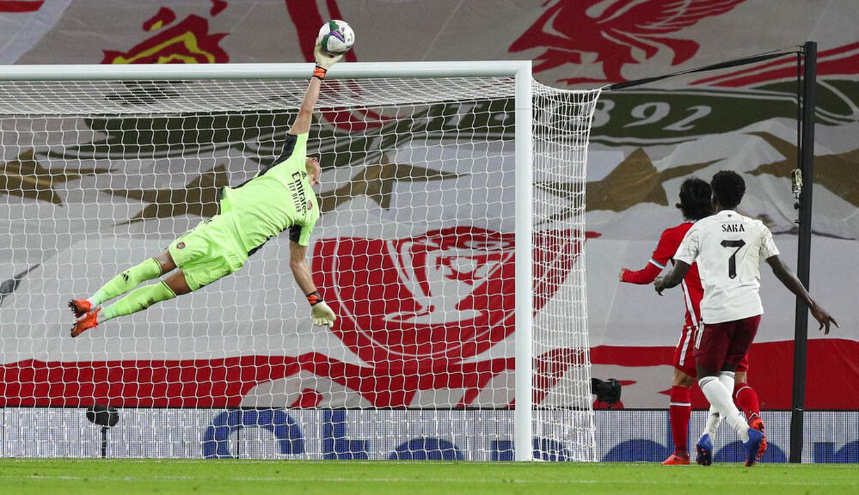 Meski Liverpool mendominasi penguasaan bola hingga 57 persen, Beruntung Leno tampil apik di bawah mistar gawang dengan mengagalkan sejumlah peluang emas Liverpool. (Peter Byrne/Pool via AP)