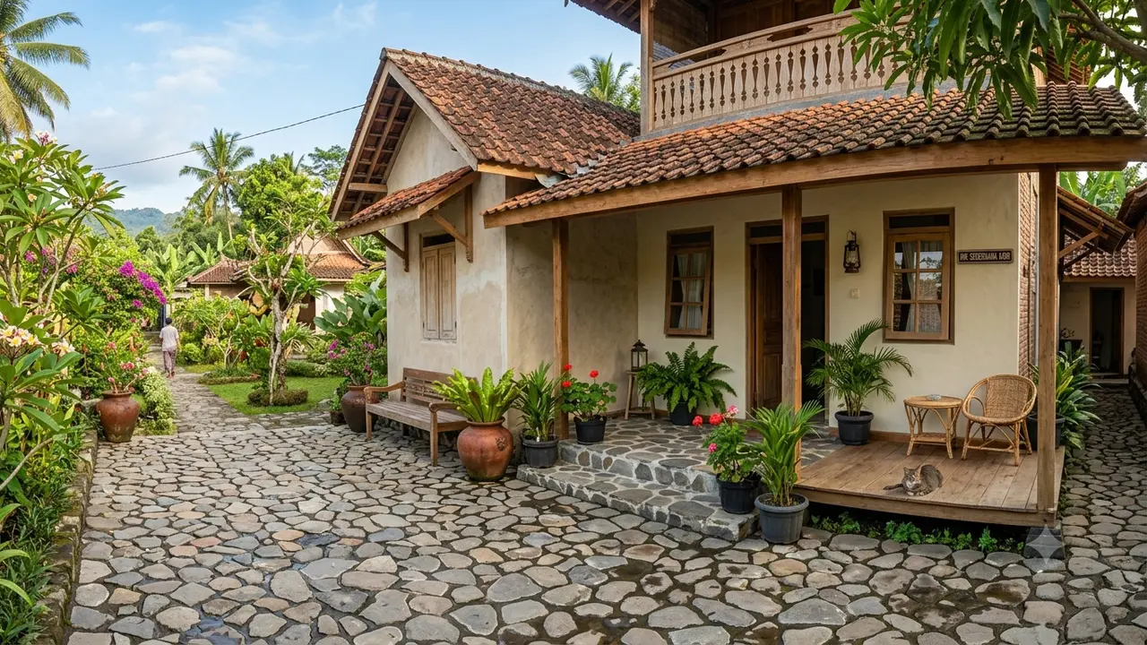 Perpaduan Lantai Teras Batu Alam dengan Rumah Sederhana Desa Gemini AI