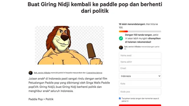Ajakan petisi agar Giring Ganesha berhenti dari panggung politik dan kembali menghibur anak-anak Indonesia. (change.org)
