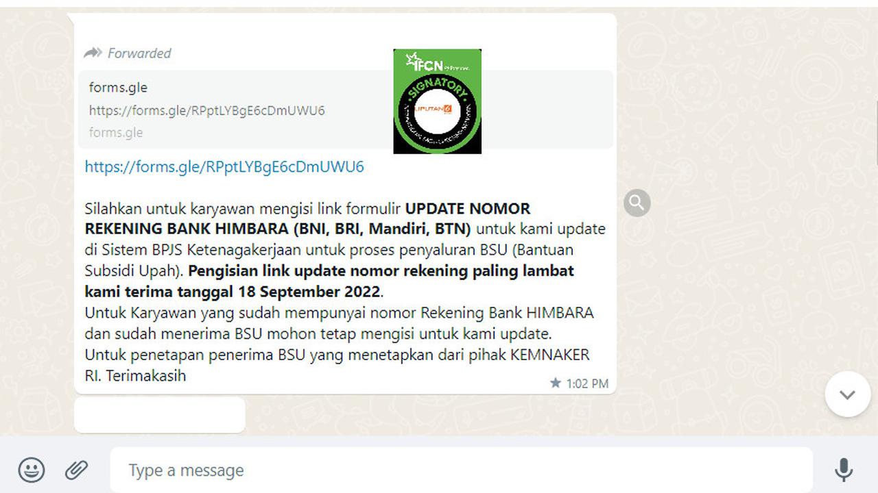 Tangkapan layar informasi pendaftaran pembaruan nomor rekening bank penerima BSU