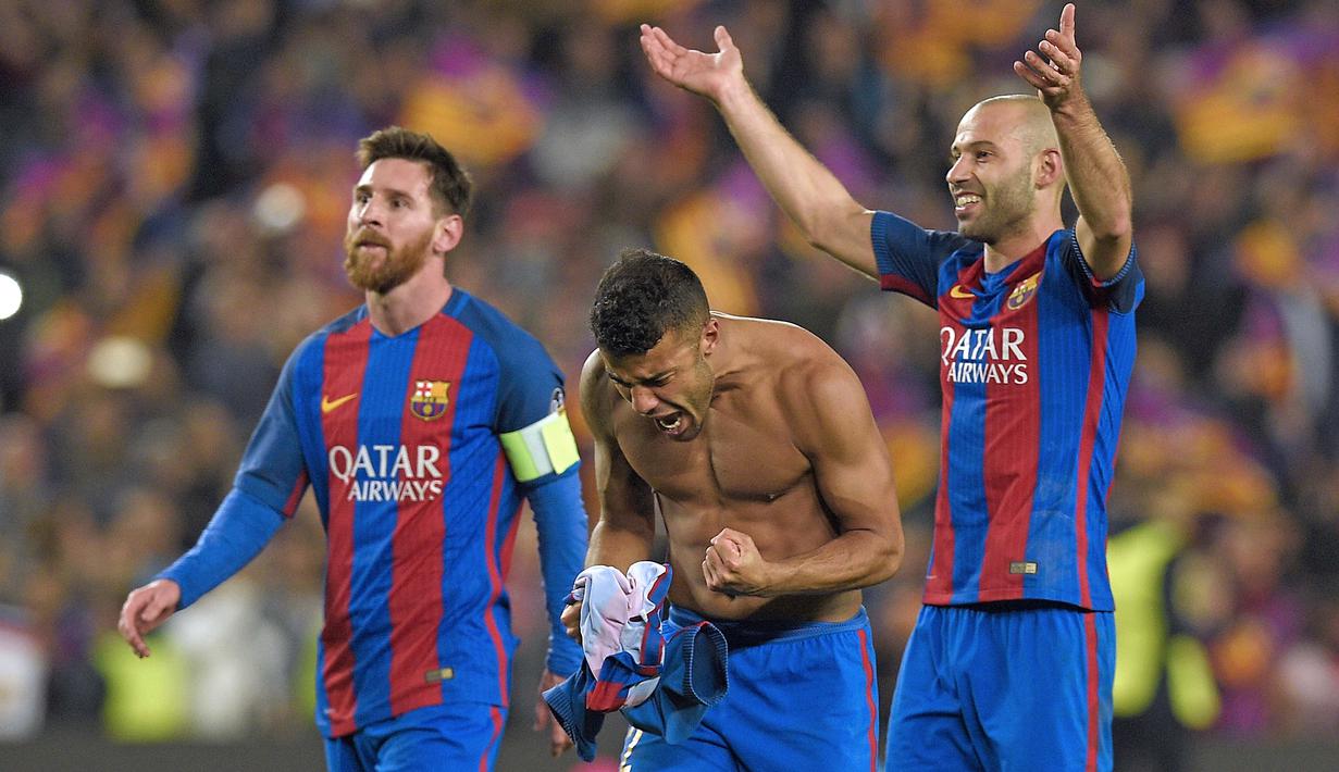 Gelandang Barcelona asal Brasil, Rafinha (tengah) termasuk salah satu pemain andalan L'equip blaugrana dan telah tampil sebanyak 78 kali pada musim 2016-2017 dan mencetak 11 gol. (AFP/Lluis Gene)