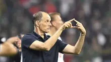 Ekspresi Pelatih Inggris, Thomas Tuchel, saat laga kontra Meksiko pada 16 besar Piala Dunia 2026, di Stadion Azteca, Mexico City, Senin (6/7/2026) pagi WIB.  (Alfredo Estrella/AFP)