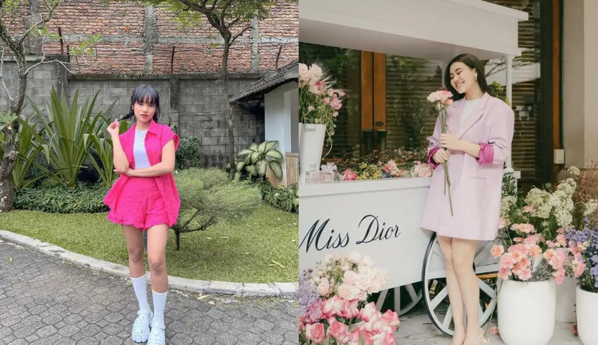 Untuk girly look, Fuji tampil dengan set kemeja dan shorts serba pink, sementara Aaliyah dengan jas dan pump heels. [@fuji_an/@aaliyah.massaid]