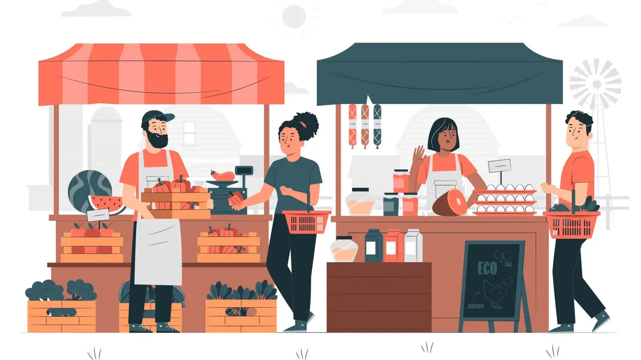 Ilustrasi pasar tradisional, jual beli, transaksi ekonomi