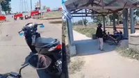 Takut Panas, Pengendara Motor Ini Pilih Berteduh Saat Tunggu Kereta Lewat