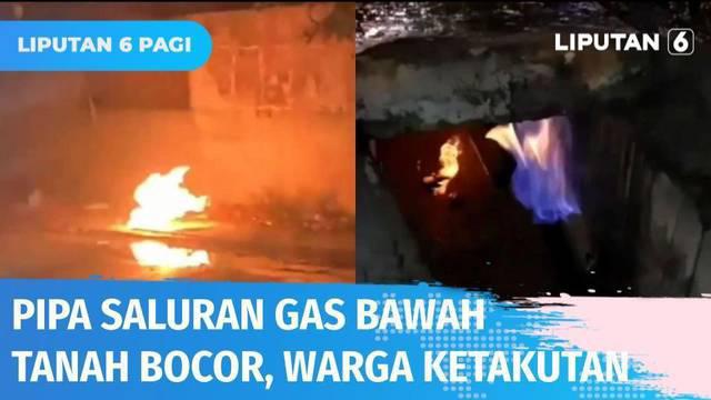 Pipa saluran gas bawah tanah di Bekasi, Jawa Barat, bocor dan terbakar. Warga sekitar ketakutan karena sempat mendengar bunyi ledakan sebelum kobaran api menyembur.