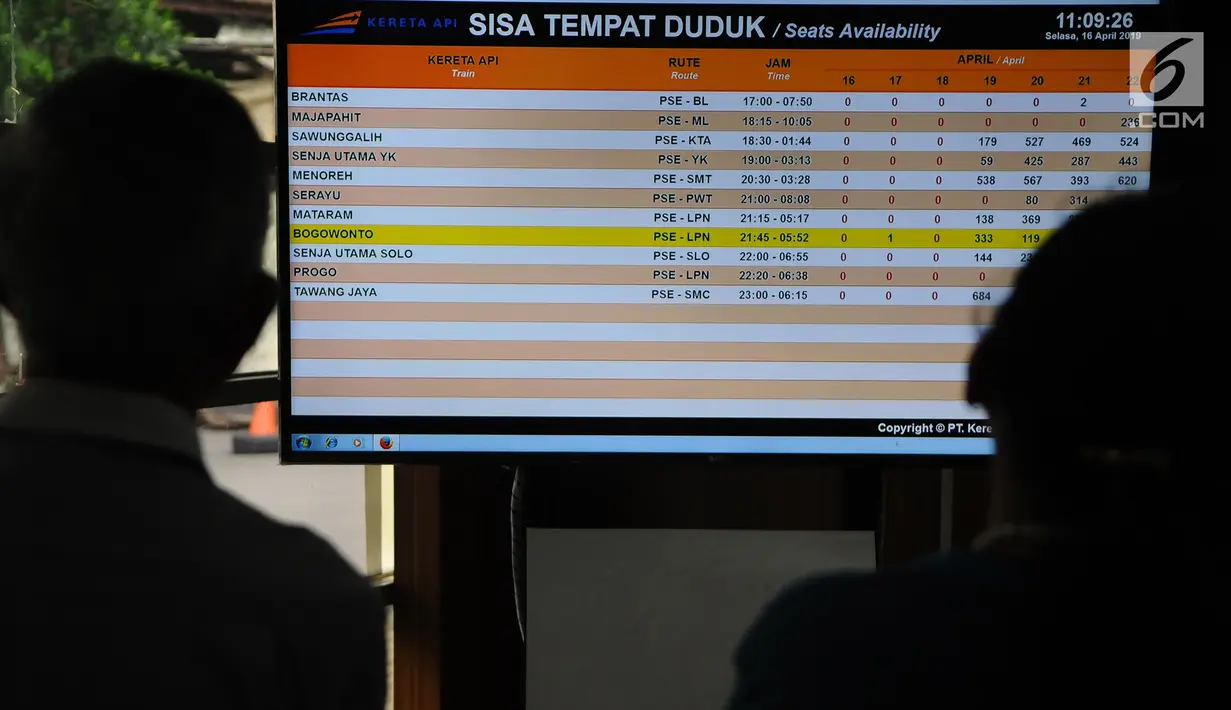 Calon penumpang kereta api melihat layar informasi di Stasiun Pasar Senen, Jakarta, Selasa (16/4). Sebanyak 11 KA tambahan PT KAI Daop 1 Jakarta beroperasi mulai 15-21 April 2019. (Liputan6.com/Herman Zakharia)