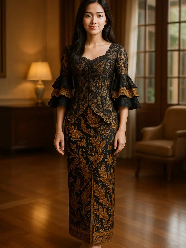 Model Batik Brokat Kombinasi Lengan Pagoda Tiga Lapis