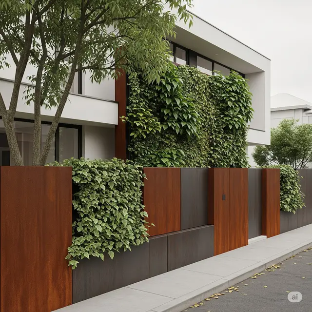 Pagar Corten Steel dengan Tanaman Vertikal