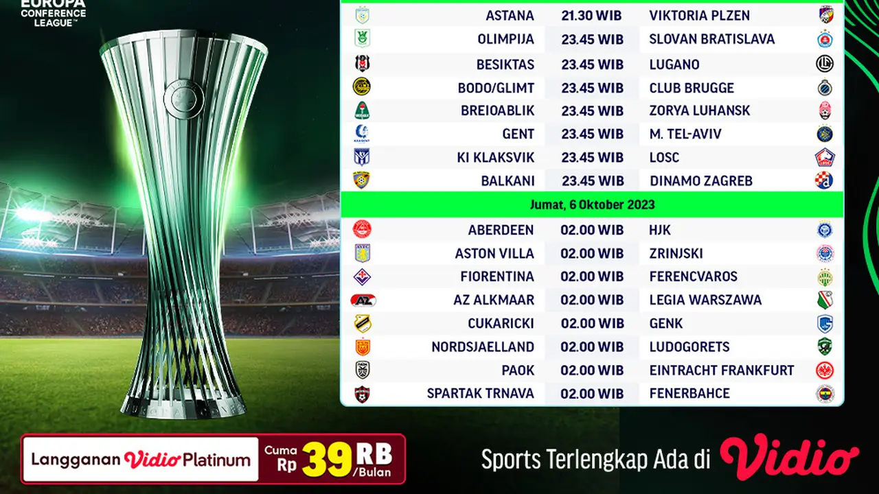 Jadwal Live Streaming UEFA Conference League 2023/2024 Matchweek 2 di Vidio