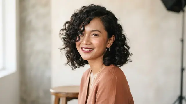 Potongan rambut pendek wanita keriting yang tidak bikin wajah bulat model bob keriting dengan belahan samping