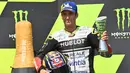 6. Pembalap Avintia Ducati, Johann Zarco, berhasil naik podium pada balapan MotoGP Republik Ceska di Sirkuit Brno, Minggu (9/8/2020). Hasil itu membuat Johann Zarco berada di posisi enam dengan 28 poin. (AFP/Joe Klamar)