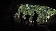 Arkeolog dari Departemen Seni Rupa di Ratchaburi melihat lukisan gua yang baru ditemukan di taman nasional Khao Sam Roi Yot di pesisir provinsi Prachuap Kiri Khan (10/9/2020). Antelop, sosok kesepian, keluarga yang saling bergandengan tangan. (AFP/Lillian Suwanrumpha)