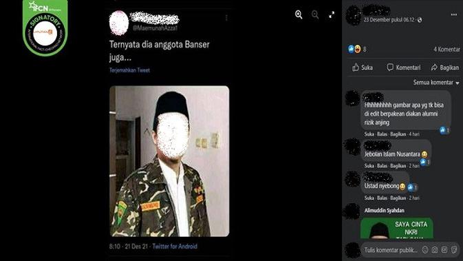 Gambar Tangkapan Layar Foto yang Diklaim Pelaku Perkosaan Santri di Bandung Kenakan Seragam Banser NU (sumber: Facebook).