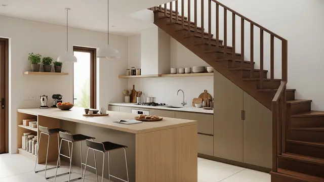 Dapur Bawah Tangga dengan Kitchen Island atau Meja Panjang