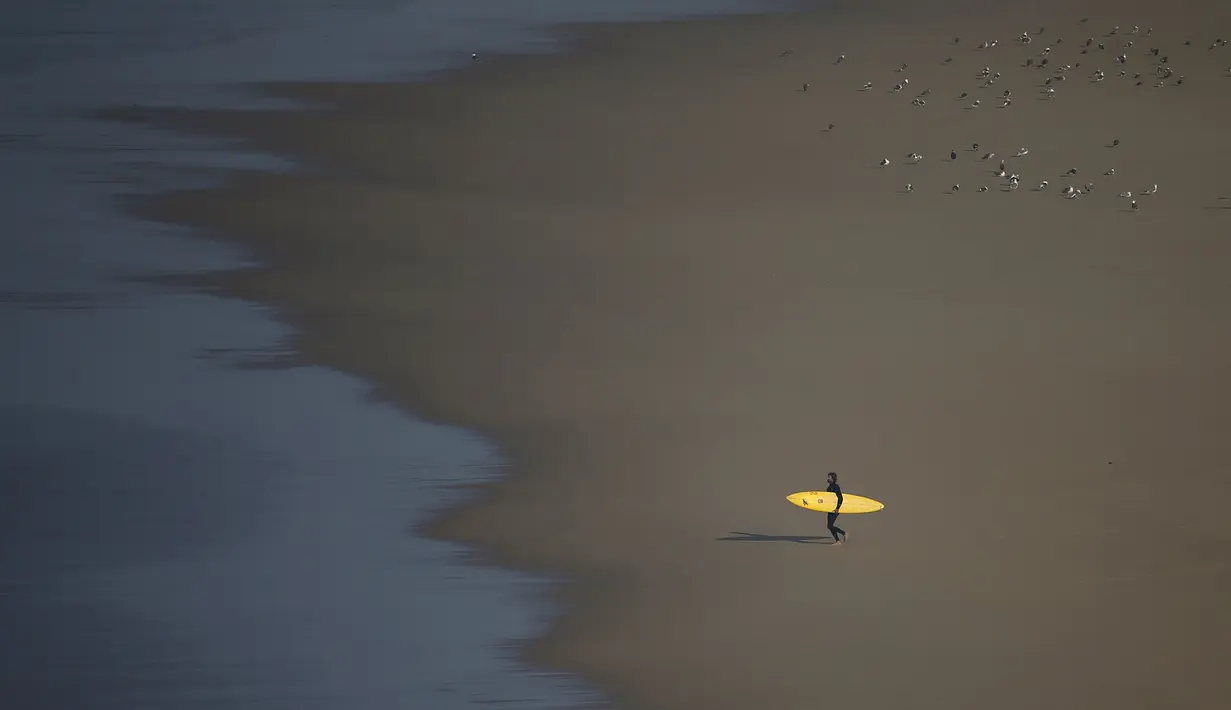 Peselancar bersiap menaklukan ombak besar di Praia do Norte, Nazare, Portugal, (13/11). Pantai Nazare memiliki jurang bawah laut terbesar di Eropa yang disebut Nazare Canyon. (REUTERS/Rafael Marchante)