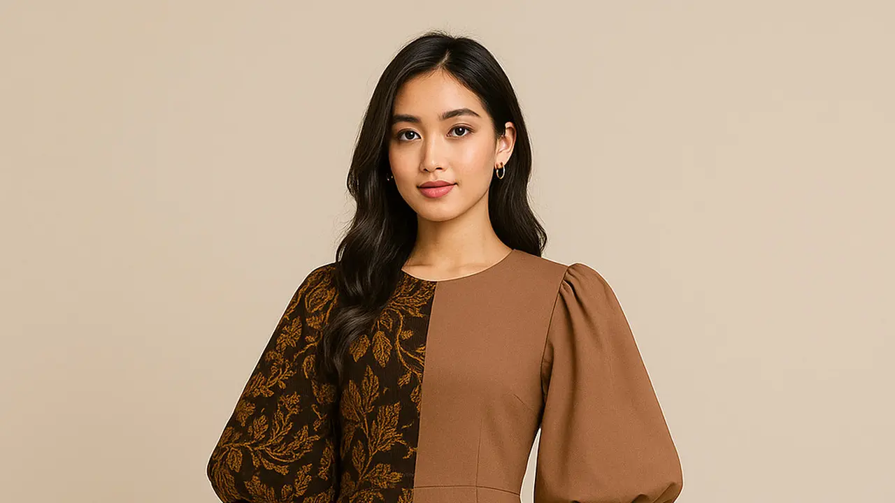 Model Dress Batik Lengan Balon Two Tone Kekinian