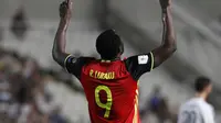 Bomber Belgia, Romelu Lukaku, melakukan selebrasi usai mencetak gol ke gawang Siprus, pada laga Kualifikasi Piala Dunia 2018, di GSP Stadium, Nicosia, Rabu (7/9/2016) dini hari WIB. Lukaku mencetak gol, dan Belgia pulang membawa kemenangan 3-0.  (Reuters/