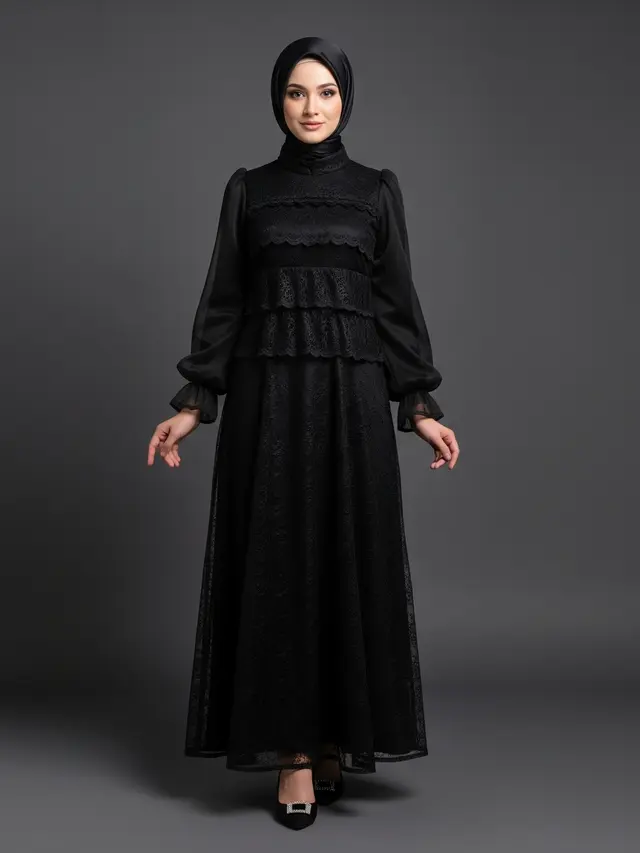 Inspirasi Gaun Pesta Muslimah High Neck Lace.