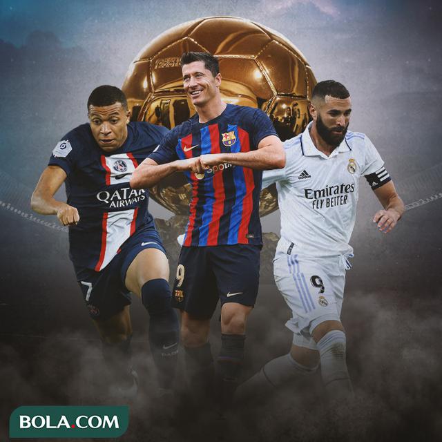 Ilustrasi - Robert Lewandowski, Karim Benzema, Kylian Mbappe background ilustrasi Ballon d'or