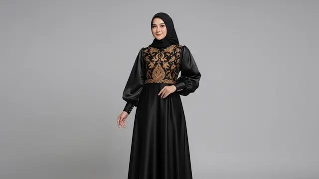 Gamis Batik Hitam Kombinasi Satin Lengan Balon