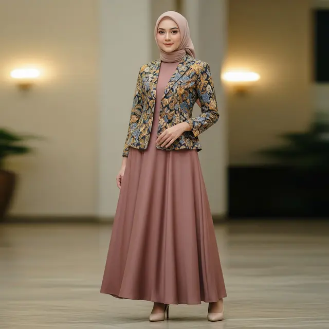 Model Gamis Polos Kombinasi Blazer Batik