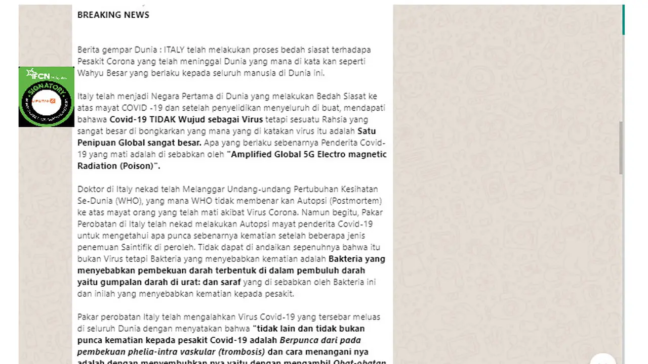Benarkah dokter Italia menemukan penyebab Covid-19 dari bakteri terpapar 5G bisa sembuh dengan antibiotik