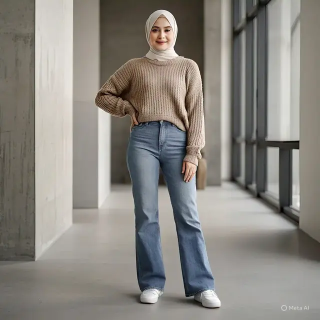 Sweater Knit dengan High Waist Jeans